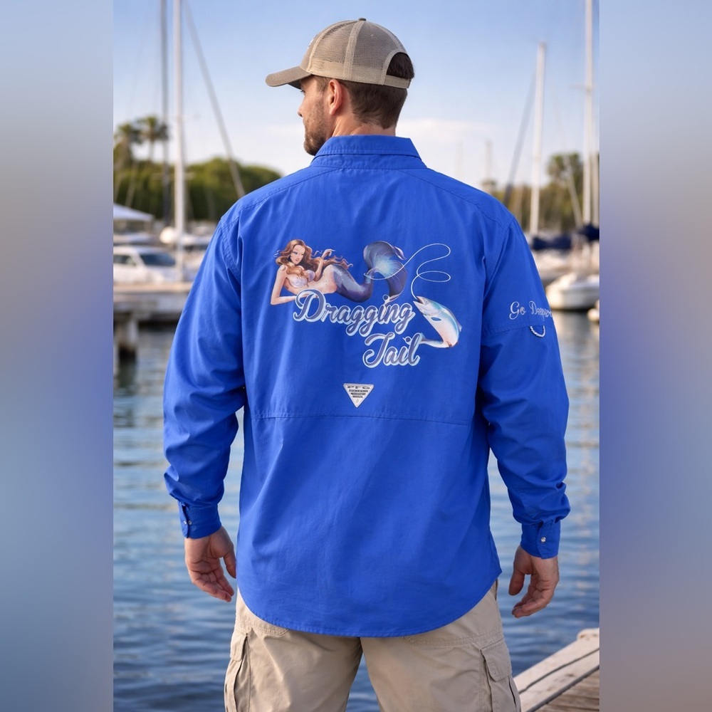 Columbia PFG Bahama Mermaid “Dragging Tail” Fishing Shirt XXL Vivid Blue UPF 50